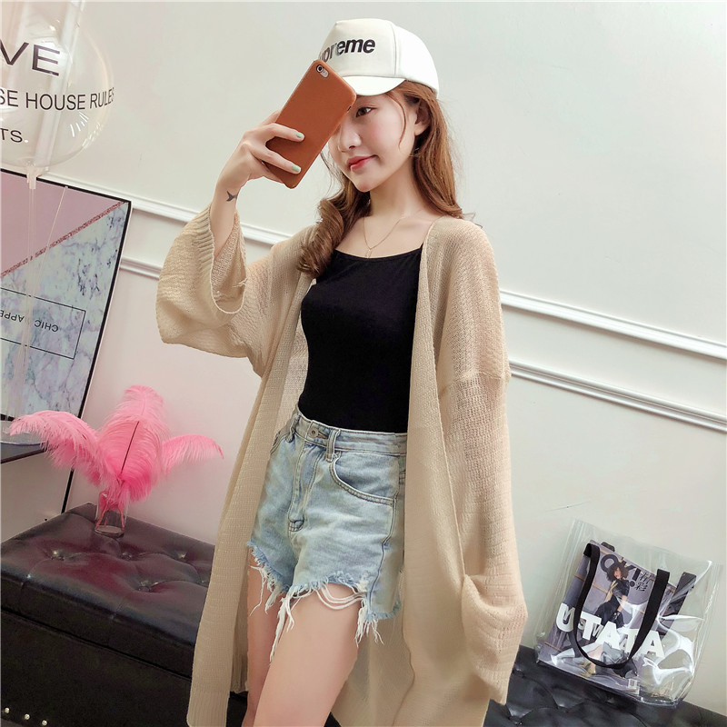 Áo len mỏng điều hòa mùa hè nữ đại học lười gió Phiên bản Hàn Quốc của áo khoác lửng dệt kim dài phần chống nắng quần áo áo len đỏ
