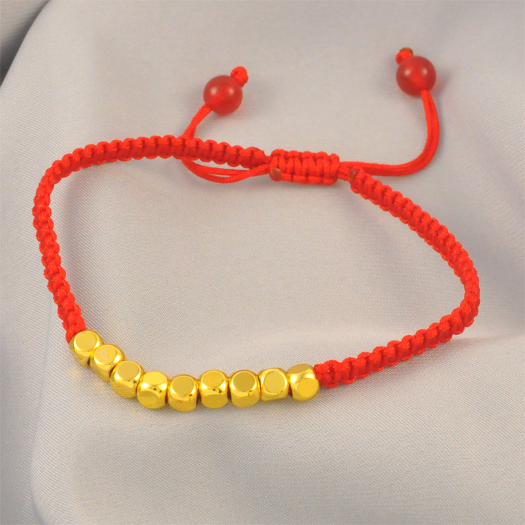 Original 24K Gold-Plated Glossy Small Gold Nugget Sugar Cube Bracelet for Women, Hand-Woven Red String, Gift for Girlfriend or Wife