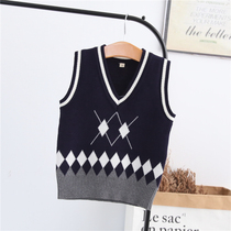 Childrens hair vest horse jacket boy and girl sweater pure cotton knitted horse vest student uniform diamond-shaped head