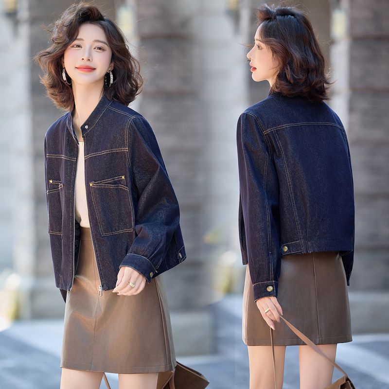 Fashionable Casual Denim Short Jacket for Women 2026 Spring and Autumn New Style, Elegant, Loose, Slimming, Versatile Stand-Up Collar Jacket Top