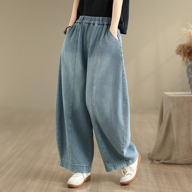 Summer Thin Artistic Casual Simple Denim Wide-Leg Pants for Women, Elastic Waist, Loose Fit, Slimming, Versatile, Cropped Straight-Leg Pants Summer Thin Artistic Casual Simple Denim Wide-Leg Pants for Women, Elastic Waist, Loose Fit, Slimming, Versatile, Cropped Straight-Leg Pants