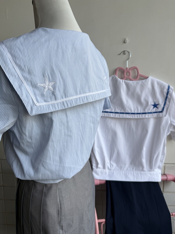 Grape and Cloud Pixel Star Bubble Sailor Suit with a Cinched Waist, Thin Breathable Shirt, Jk Uniform with Star Collar Line
