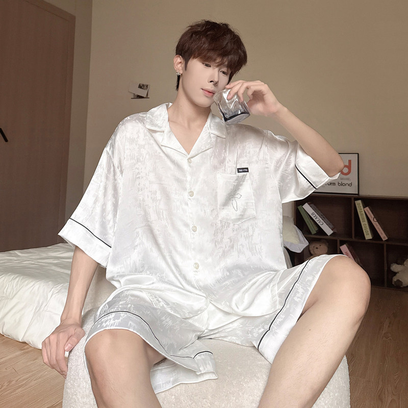 Ice Silk Pajamas for Men, Summer High-End Thin Short-Sleeved Shorts, Casual Cardigan, Large Size Loose Home Wear Set