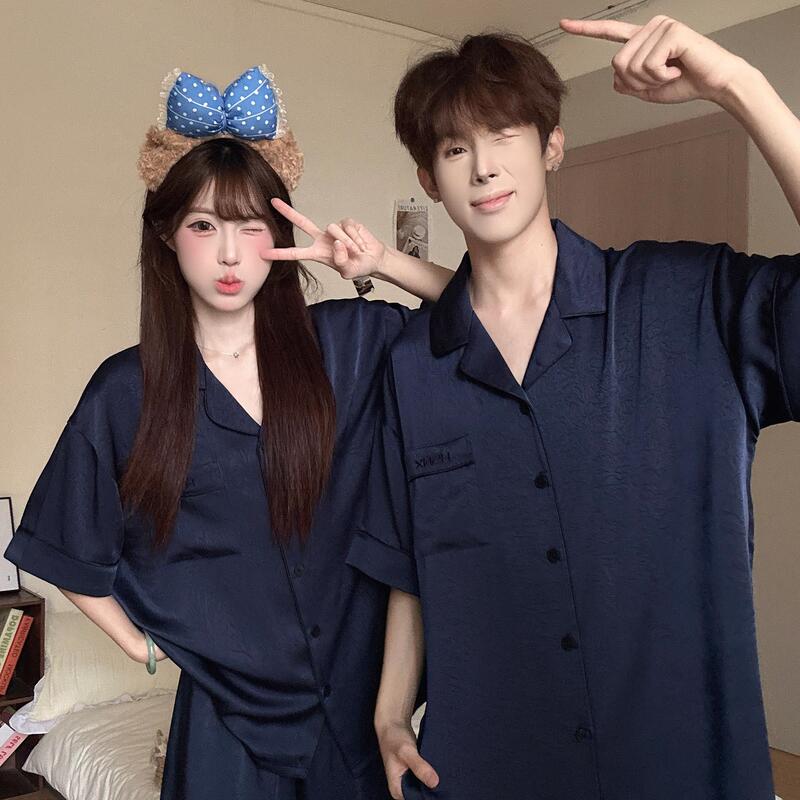 Couple's Pajamas for Women, Summer Luxury Cool Ice Silk Short-Sleeve Shorts, Casual Thin Cardigan, Men's Loungewear Set Couple's Pajamas for Women, Summer Luxury Cool Ice Silk Short-Sleeve Shorts, Casual Thin Cardigan, Men's Loungewear Set