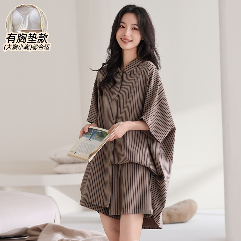 Pure Cotton Pajamas for Women, Summer Thin Style with Chest Pads, Short-Sleeved Shorts, Casual Loose Cardigan, Striped Home Wear Set Pure Cotton Pajamas for Women, Summer Thin Style with Chest Pads, Short-Sleeved Shorts, Casual Loose Cardigan, Striped Home Wear Set