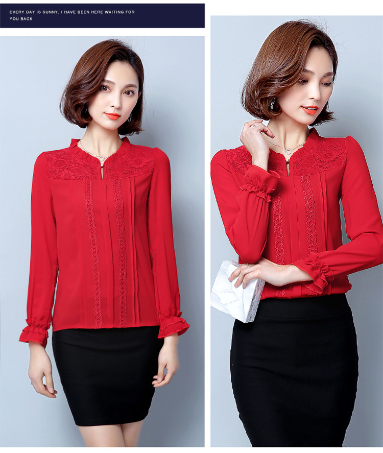 6911 # Áo voan nữ dài tay 2017 xuân hè mới Hàn Quốc nữ cao cổ áo sơ mi rộng rãi ren ren - Áo sơ mi chiffon ren áo sơ mi nữ hàn quốc