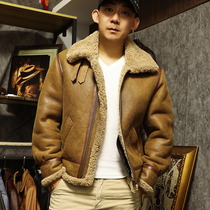 B3 original ecological fur all-in-one flight suit mens lamb hair genuine leather motorcycle short jacket fur coat thick
