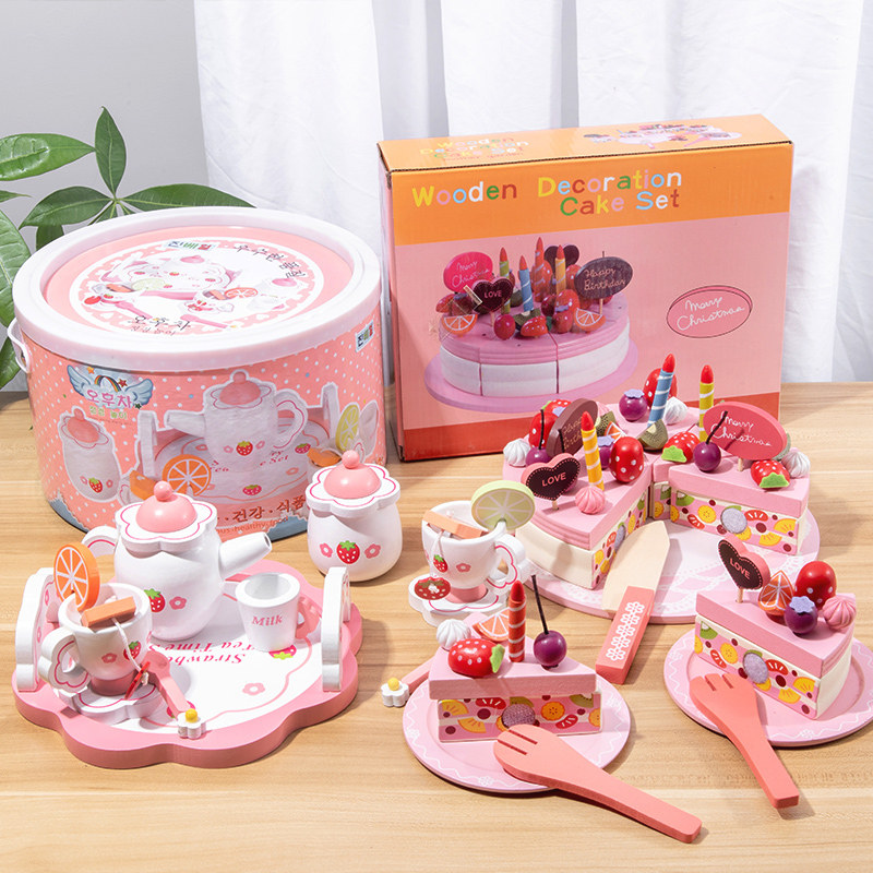 Children's Day Boy and Girls Birthday Gift Simulation Cake Suite Wooden Material Cheerful Happy Family Kitchen Toys