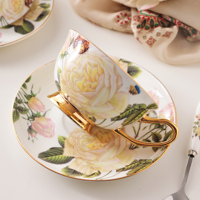 White Rose European-style bone porcelain flower tea cup afternoon tea set English style ceramic sketch Phnom Penh small lavish coffee cup disc suit-Taobao