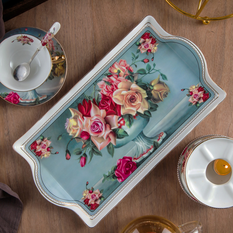 Retro Rose European-style rectangular debatable pastry tray cake tray fruit tray tea tray Tea Tray Tea Cup Tray Ceramic