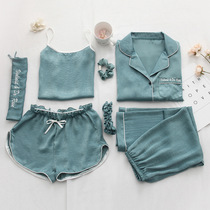 Sleepwear Womens Summer Real Silk Harnesses Seven Pieces Ladies Imported Silk Sexy Nets Red Identical 7 Six sets of South Korea