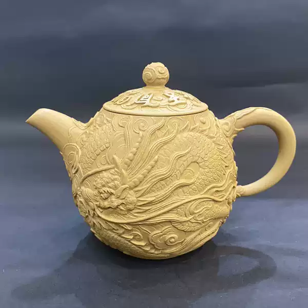 台湾陶艺李昆源手工段泥雕刻壶龙凤呈祥茶具收藏
