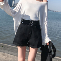 Black denim shorts womens ultra-high waist thin 2021 new summer thin section loose a word wide leg hot pants tide