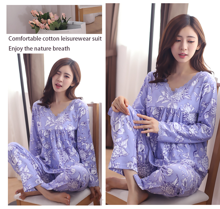 Nhật bản đơn giản dịch vụ nhà nữ mùa xuân và mùa thu dài tay cotton lỏng đồ ngủ XL có thể được đeo bên ngoài chất béo MM mỏng phù hợp với