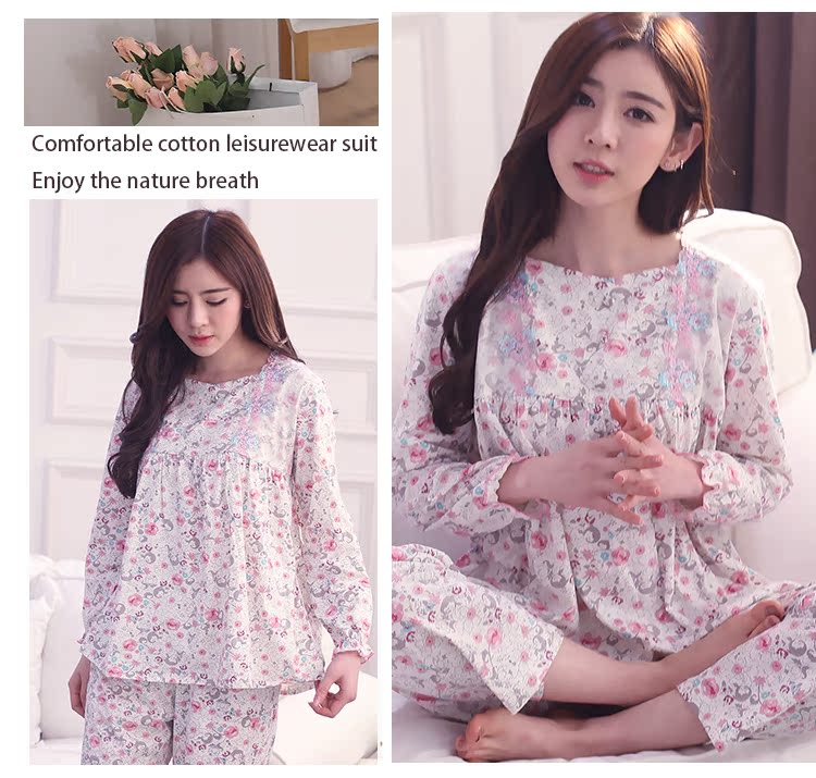 Nhật bản đơn giản dịch vụ nhà nữ mùa xuân và mùa thu dài tay cotton lỏng đồ ngủ XL có thể được đeo bên ngoài chất béo MM mỏng phù hợp với