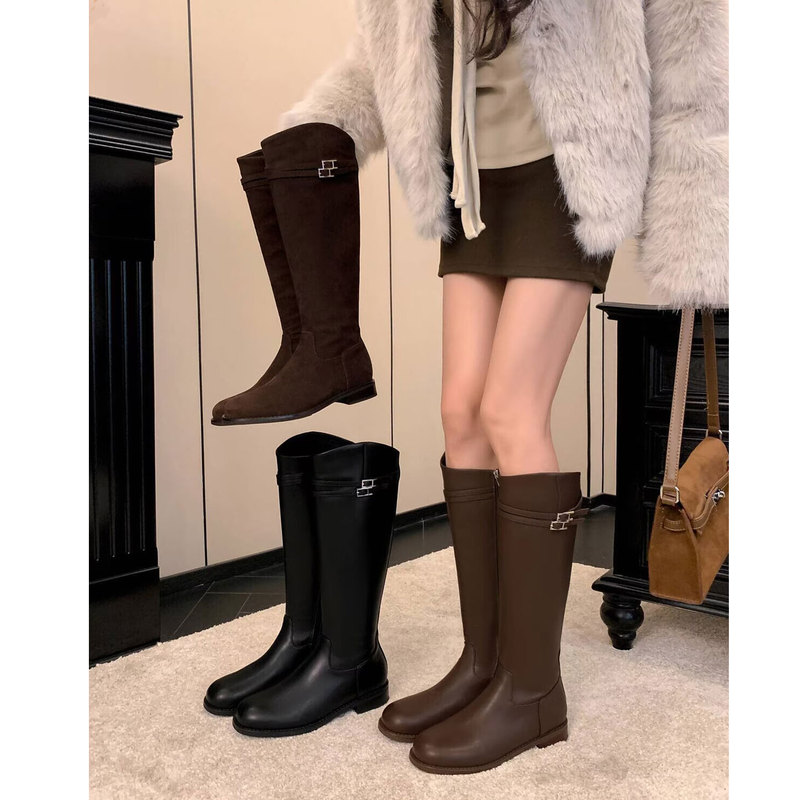Godelin~Twin Stars~ Knight Boots Genuine Leather Women's Long Boots Over-The-Knee Belt Buckle Slanted Opening Wide Calf Western Boots Godelin~Twin Stars~ Knight Boots Genuine Leather Women's Long Boots Over-The-Knee Belt Buckle Slanted Opening Wide Calf Western Boots