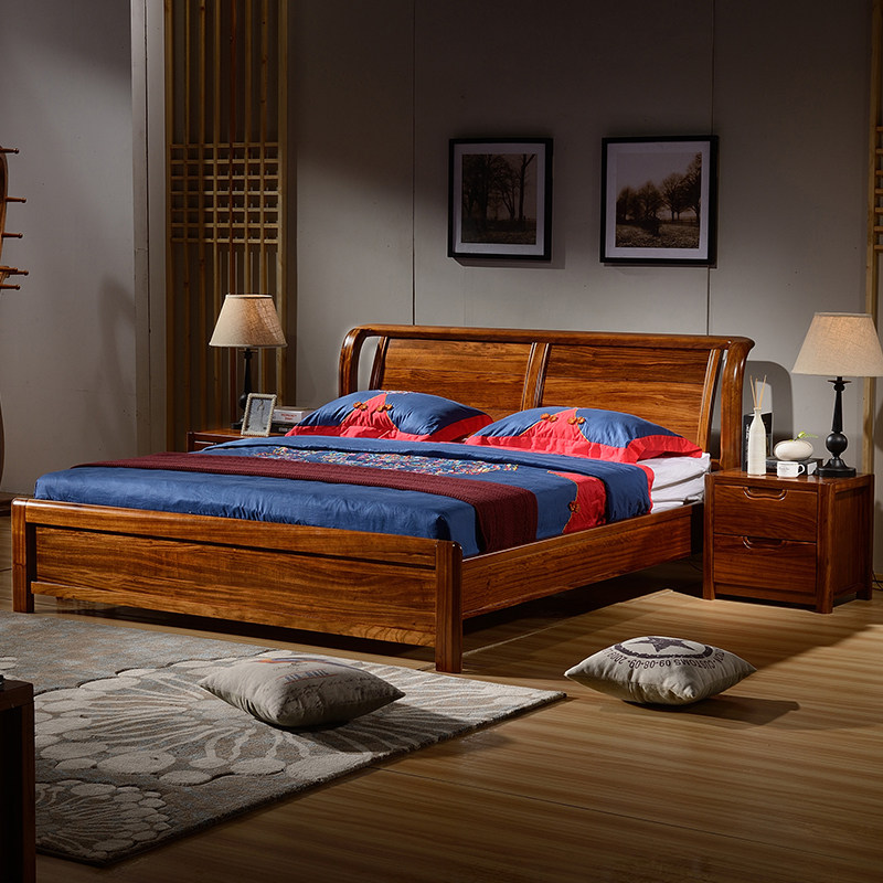 Ukgin wood full wood bed new Chinese minimal modern bedroom double bed 1 8 m master bedroom high box storage bed