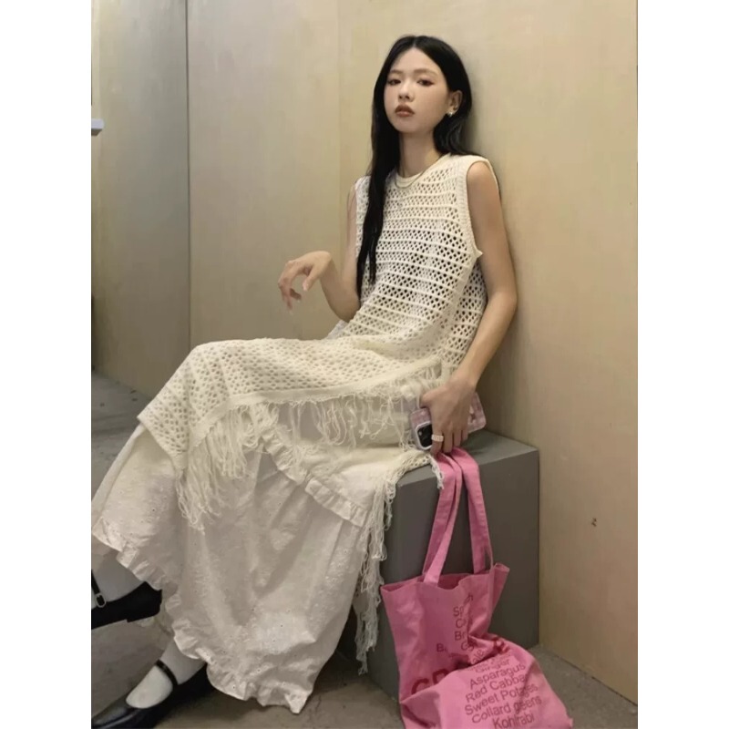 Hollow-Out Knitted Side-Slit Tassel Dress for Women, Summer 2026 New Loose Mid-Length Tank Dress with Sun Protection Cover-Up