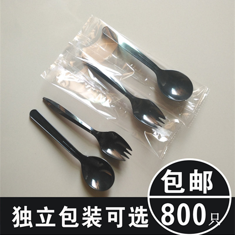 Disposable spoon wholesale dessert spoon takeaway black fork spoon independently packed long - handle soup spoon