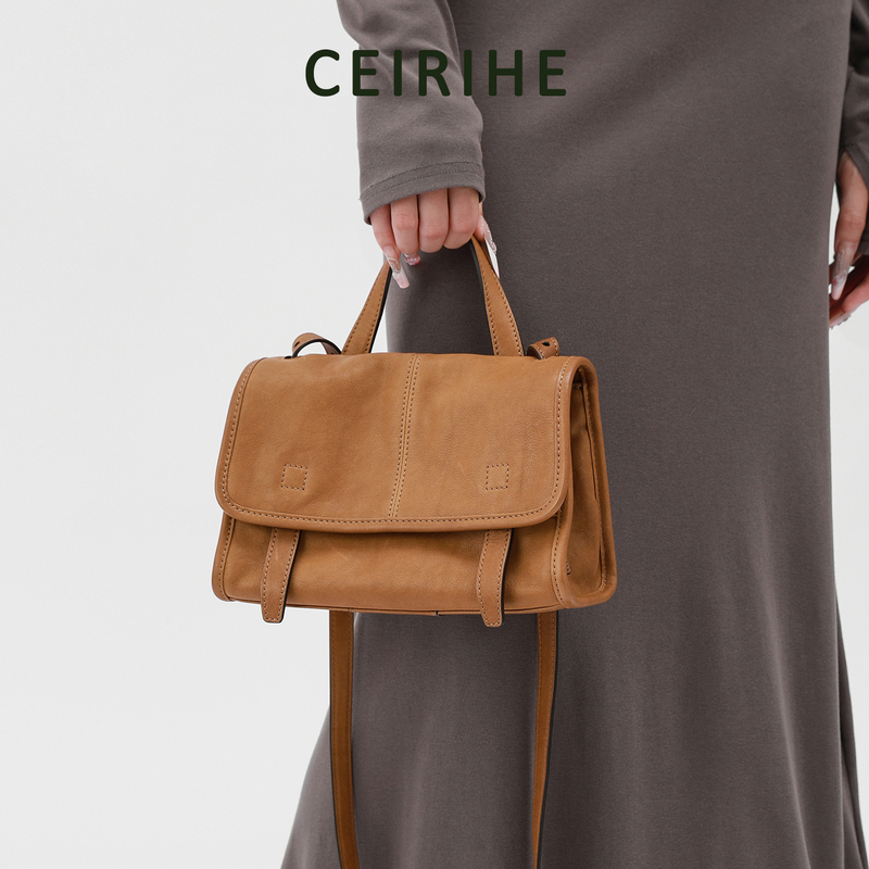 Ceirihe Vegetable-Tanned Leather Messenger Bag Retro Commuter Mini Handbag Women's Shoulder Crossbody Bag