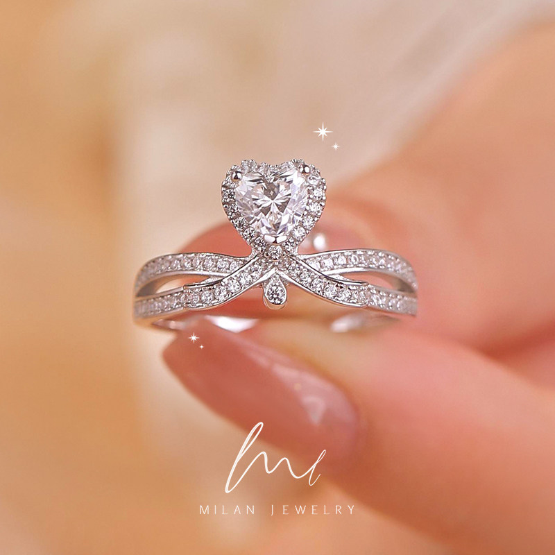 Mosandrill ring female light extravagant advanced feelings pure silver wedding ring emulation heart-shaped 50 points drilled ring courting wedding to send girlfriend-Taobao
