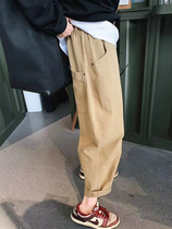 Early autumn day series big pockets tightness waist tooling casual pants female Korean version Jane about full cotton 100 hitch leg straight drum pants tide