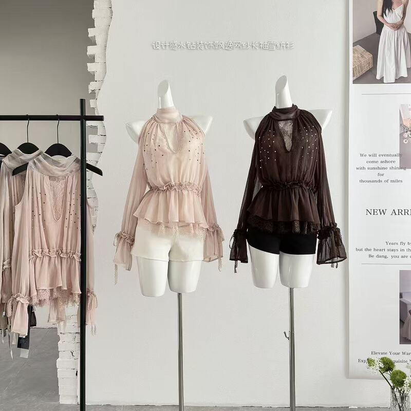 Designed with Rhinestone Embellishments, the Flowing Thin Strap Mesh Chiffon Shirt for Women Is a Loose-Fitting, Elegant Off-The-Shoulder Top with Bell Sleeves for Summer