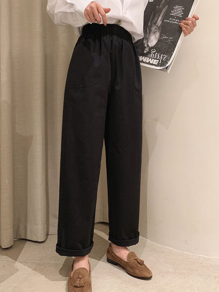 2021 autumn new Korean version solid color elastic waist casual pants women's high waist retro loose and thin straight trousers