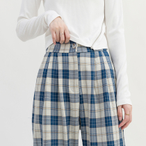 Large size blue grid pants fat sister mm pants slim straight casual wide leg pants women 2021 new summer