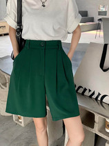 Green suit shorts female big code fat sister mm pear-shaped stature leg coarse hip width display slim 100 lap 50% wide-legged pants
