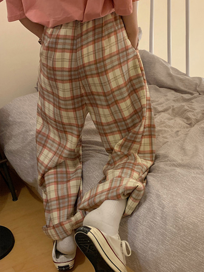 Plaid Pants High Waist Loose Straight Drum Pants Slightly Fatter Girls Wear Hitch Big Size Pants Fat Younger Sister Mm Broadlegged Pants To Lean Tide