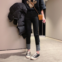 Large size jeans slim female thin elastic fat sister personality pants design sense splicing small man ankle-length pants