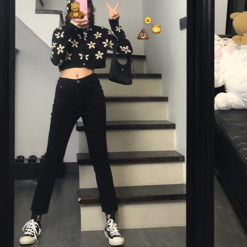 Large size jeans woman 2022 new high waist straight cylinder Korean version 90% pants fat younger sister elastic black pants slim