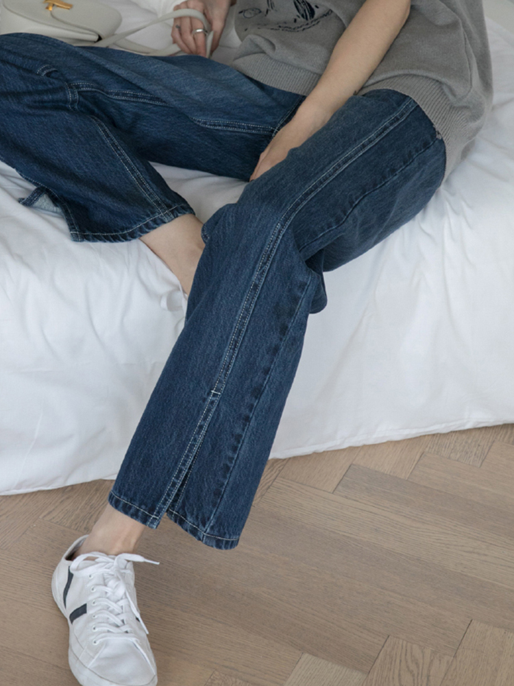 Large size pears shape Canopy Design Sensation Pants Children Fat sister High waist display slim open fork Straight drum Broadlegged Jeans