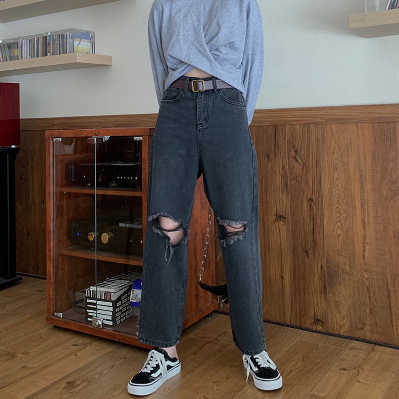 Big size Fat younger sister mm Pants slim 100 hitch Jr. Coarse Broken Hole Pants Woman Hot girl Loose Broadleg 90% Pants