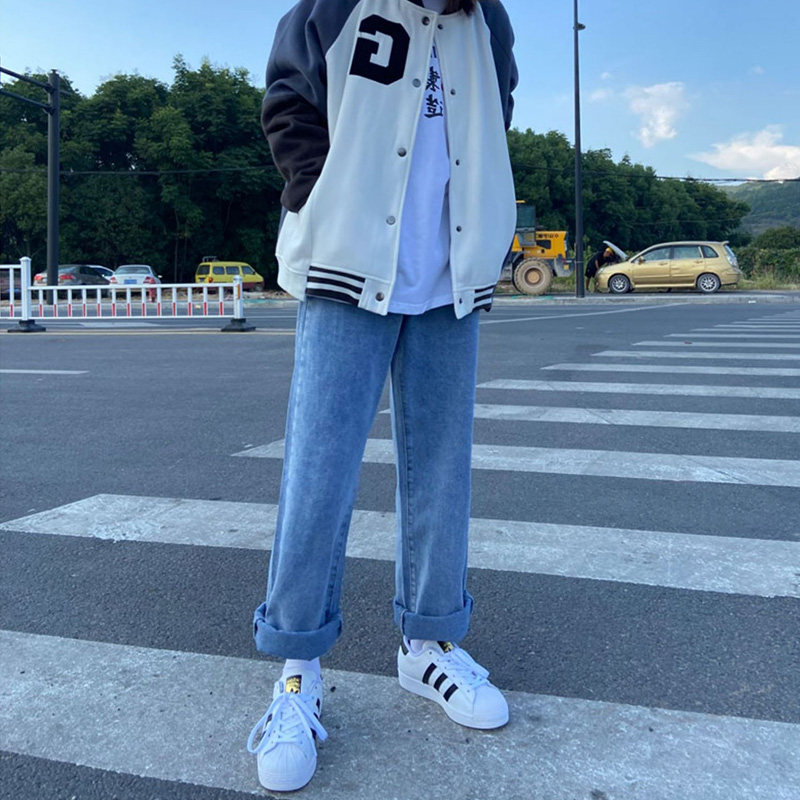 Large size Korean version of women's clothing 2022 new jeans loose high waist pants children cover slim fit 100 lap straight fit pants