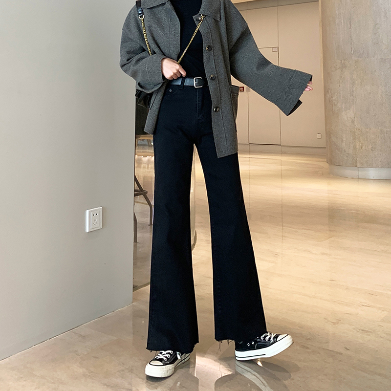 Large Size Black Horn Pants Woman 2021 New Autumn Winter Fat Younger Sister Mm High Waist Display Slim 100 Hitch Feel Jeans