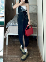 Pear Shape Slim Fit Dress 2022 New Open Fork Denim Harness Skirt Woman Summer Big Code Fat sister Thin Medium Long Dress