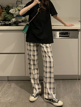2021 summer lattice pants slightly fat girl wear salt Japanese pants hanging high waist slim casual trousers