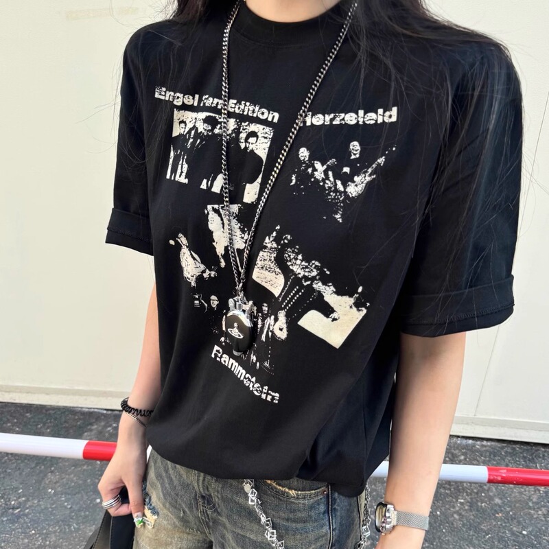 2025 Summer New Rammstein Band Metal Rock Distressed Retro Print Boxy Short-Sleeve T-Shirt