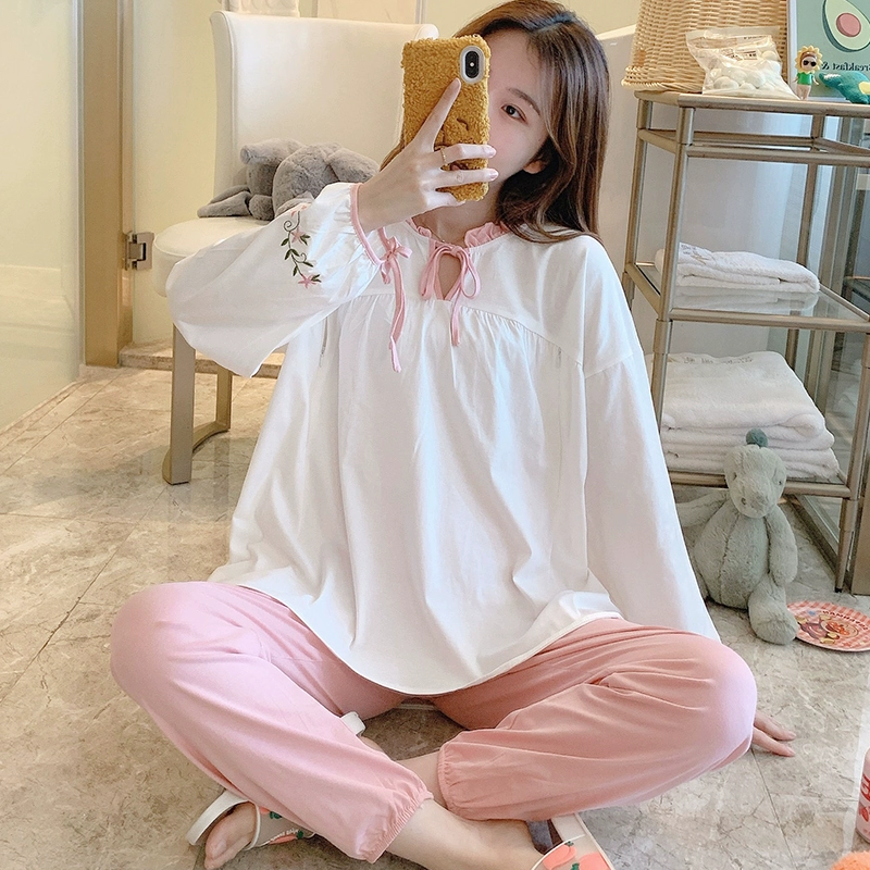 Quần áo bầu bằng cotton tinh khiết mùa xuân và mùa thu cho phụ nữ mang thai, quần áo cho con bú sau sinh, đồ ngủ cho con bú bằng cotton rộng rãi và thoáng khí, dịch vụ tại nhà - Giải trí mặc / Mum mặc