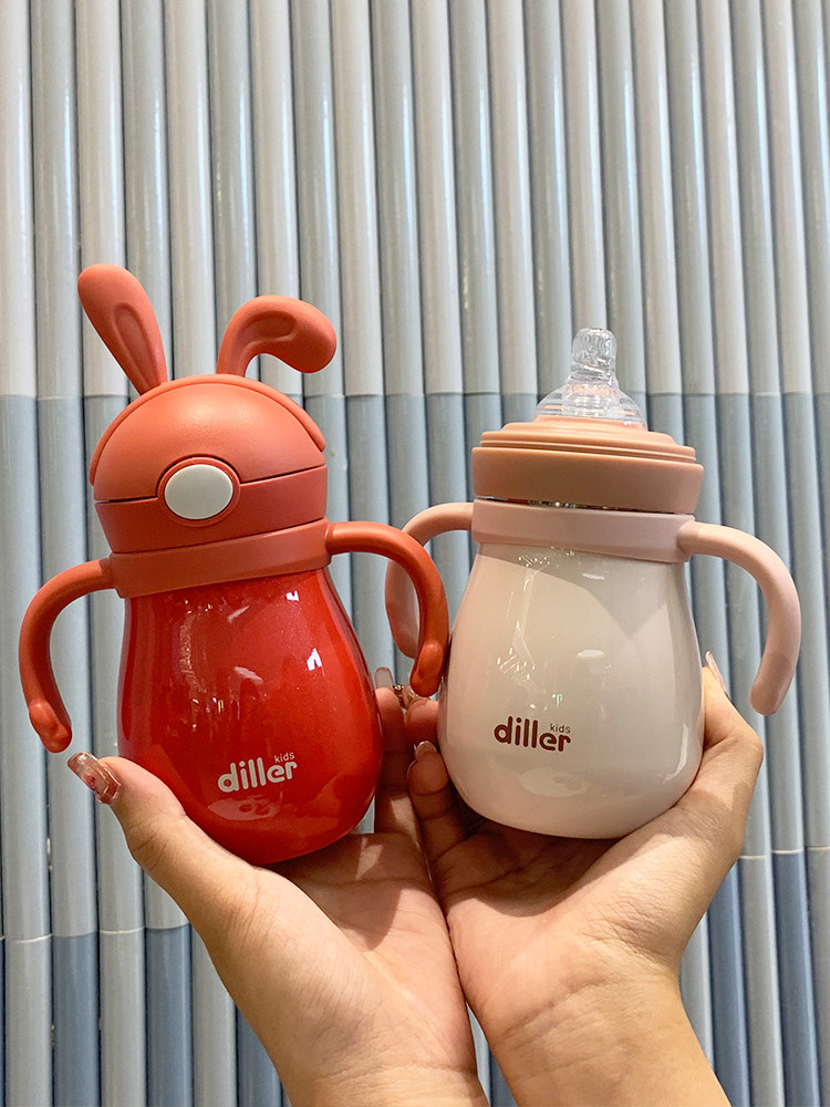 Baby bottle water cup dual-use baby learning drink thermos cup with handle 6 months stainless steel straw cup Household