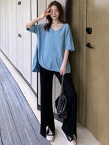 Pregnant womens summer suit fashion Korean version of Out tide hot mother Net red loose T-shirt nine wide leg pants two-piece set