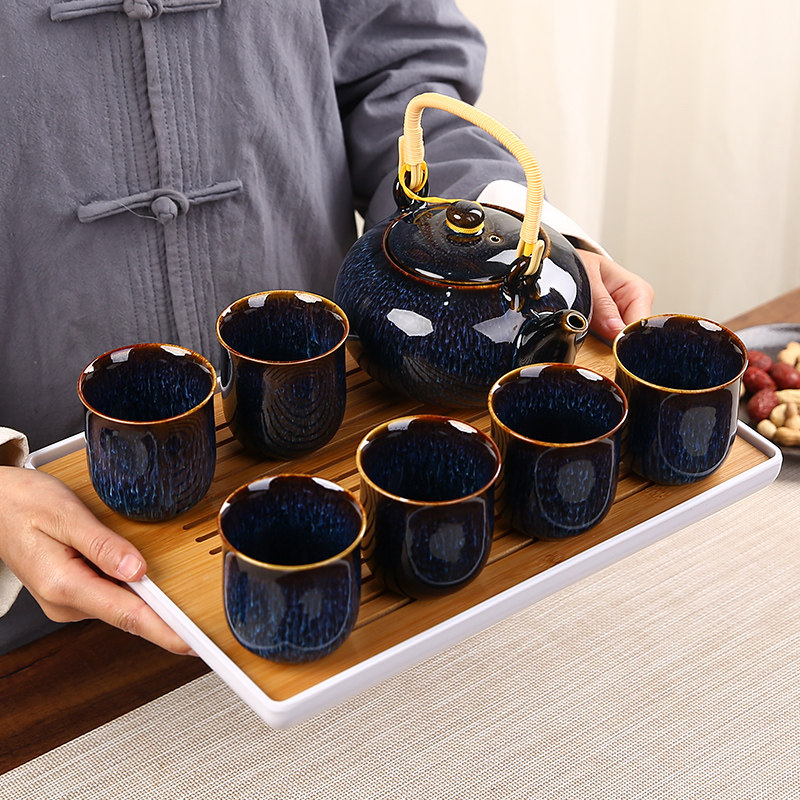 Kiln change beam pot Kung Fu tea set Household ceramic teapot Teacup Large kettle strap filter set Gift