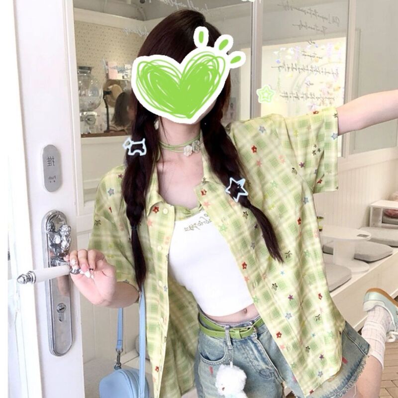 Summer New Style Green Printed Plaid Shirt Top for Women Versatile Short-Sleeved Jacket + Suspender Two-Piece Suit Ins