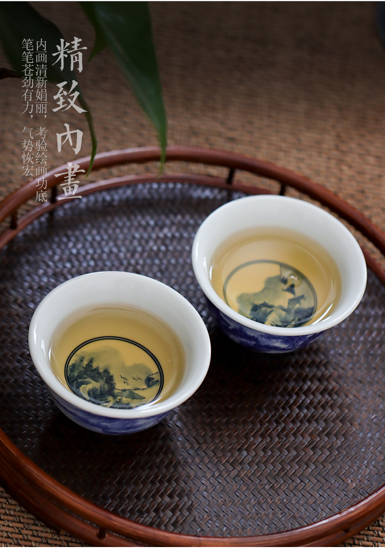 Jingdezhen blue and white landscape pressure hand hand archaize ceramic cup master cup single CPU kung fu tea bowl restoring ancient ways