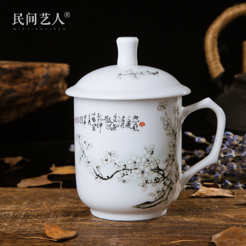 Jingdezhen ceramic tea cup with lid custom tea cup blue and white bone china cup water cup gift office meeting cup