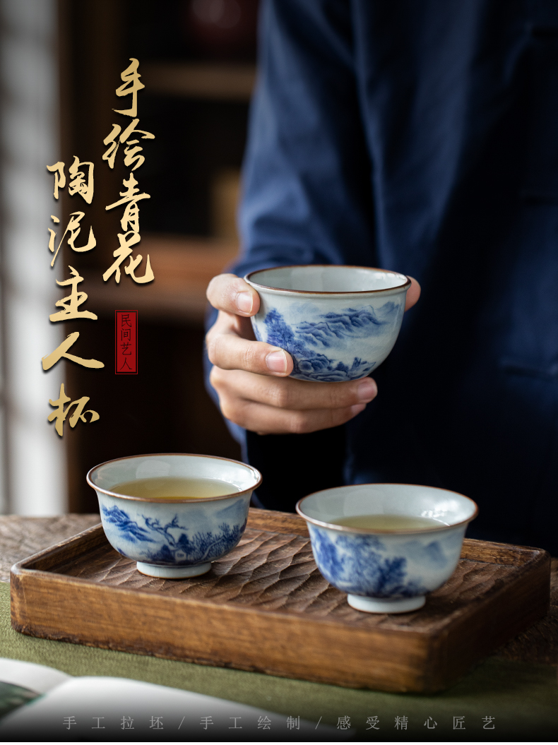 Jingdezhen ceramic mud hand - made landscape master cup single CPU antique hand cup open piece of kung fu tea bowl for