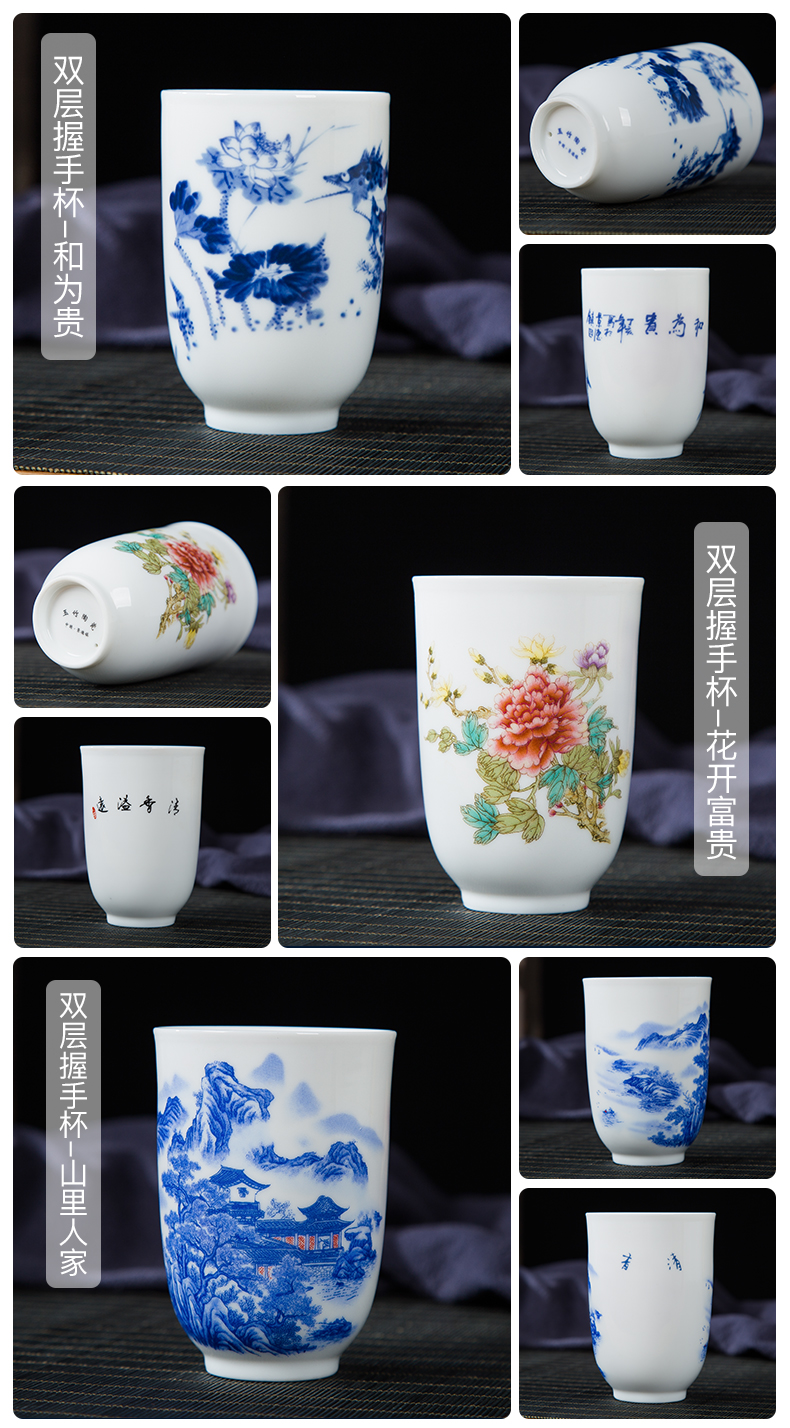 Folk artists pastel blue and white porcelain double insulation handshake personal single CPU jingdezhen ceramic large tea cups
