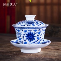 Ceramic three-cai cup hand-grasped cover bowl large Jingdezhen hand-painted blue and white porcelain Gongfu tea with thickened Chinese tea maker